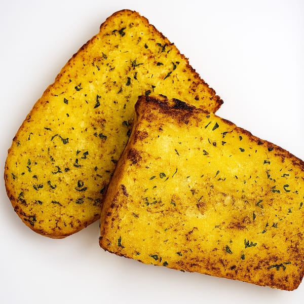 Two golden-brown garlic bread slices, seasoned with herbs, on a white background.
